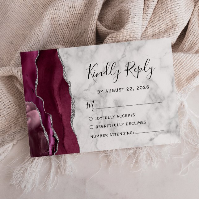 Cartons Réponse Mariage au marbre d'agate argentée de Bourgogne (Créateur téléchargé)