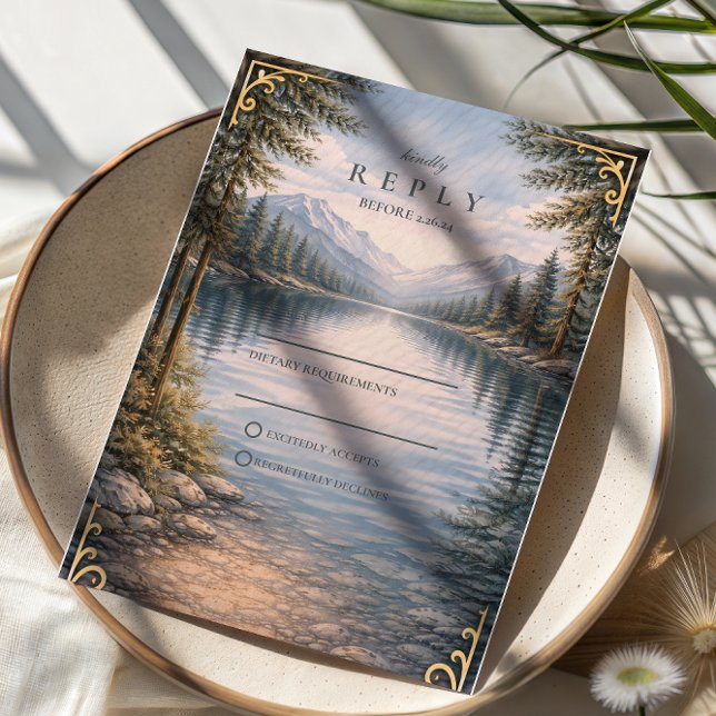 Cartons Réponse Mariage au reflet de la forêt du lac Mountain (Créateur téléchargé)