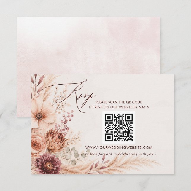 Cartons Réponse Mariage automnal floral rustique de la pampa CODE  (Devant / Derrière)