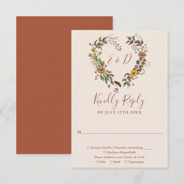 Cartons Réponse Mariage Automne Terracotta Floral Rustique (Devant / Derrière)
