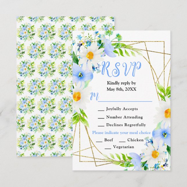 Cartons Réponse Mariage aux Myosotis et Daisies (Devant / Derrière)