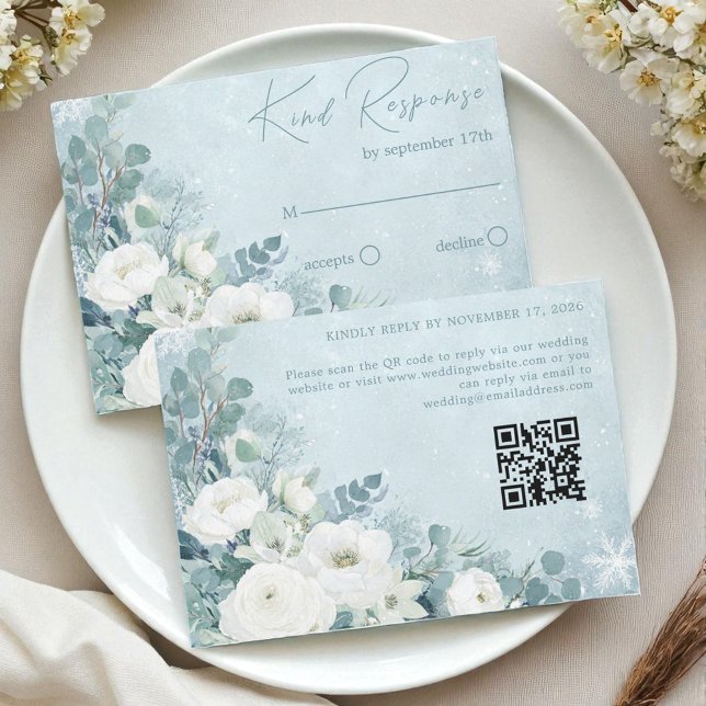 Cartons Réponse Mariage aux Roses Blanches Hellebores Eucalyptus A (White Roses Hellebores Silver Eucalyptus Wedding RSVP Card)