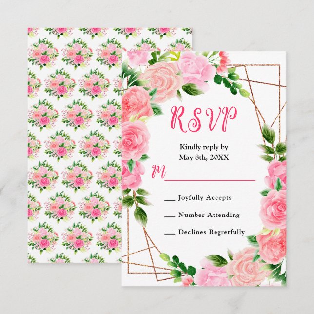 Cartons Réponse Mariage aux Roses Roses avec Feuillage (Devant / Derrière)