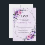 Cartons Réponse Mariage aux tons violets Lilac rose vif<br><div class="desc">La carte RSVP de mariage floral moderne au milieu de l'été présente un bouquet de pivoines roses aquarelles dans les tons de prune violette,  rose,  rose,  sauge avec feuilles botaniques verdoyants et eucalyptus avec cadre géométrique noir brillant.</div>