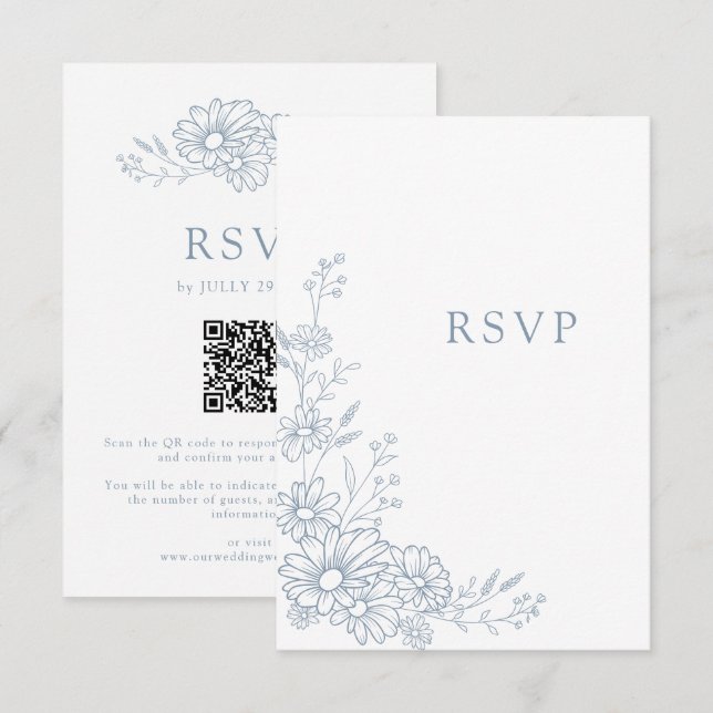 Cartons Réponse Mariage avec code QR de marguerite botanique bleu  (Devant / Derrière)
