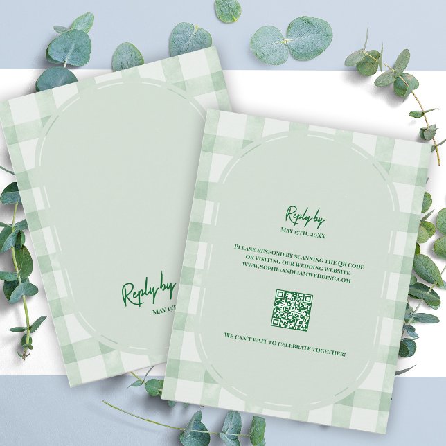 Cartons Réponse Mariage avec code QR en gingham vert sauge (Sage Green Gingham QR Code RSVP Card | Garden Party Wedding Response Card)