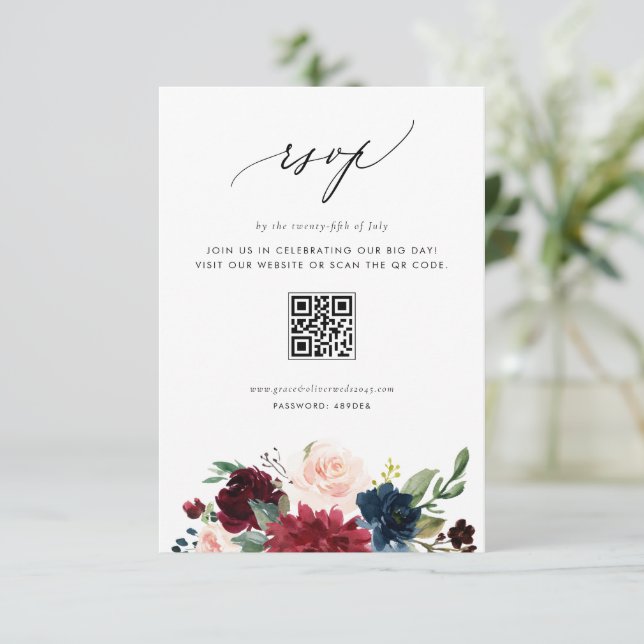 Cartons Réponse Mariage avec code QR Fleurs Bourgogne et Bleu Mari (Debout devant)