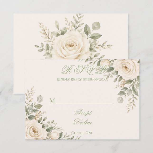 Cartons Réponse Mariage avec des feuillages couleur crème et vert  (Devant / Derrière)