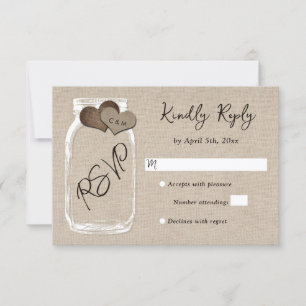 Cartons Réponse Mariage avec monogramme coeurs toile de jute pot M