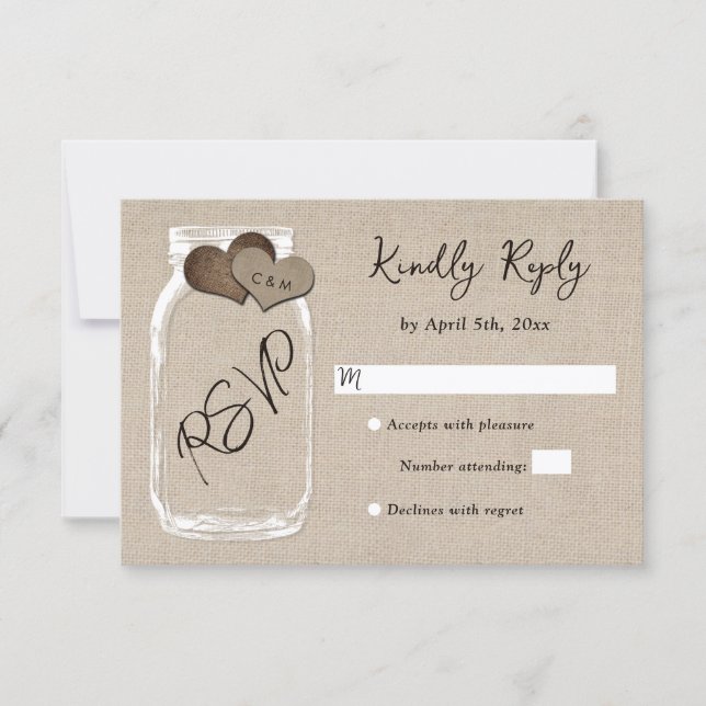 Cartons Réponse Mariage avec monogramme coeurs toile de jute pot M (Devant)