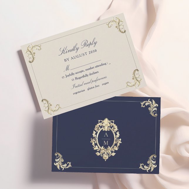 Cartons Réponse Mariage Baroque Bleu Nuit Or (Créateur téléchargé)