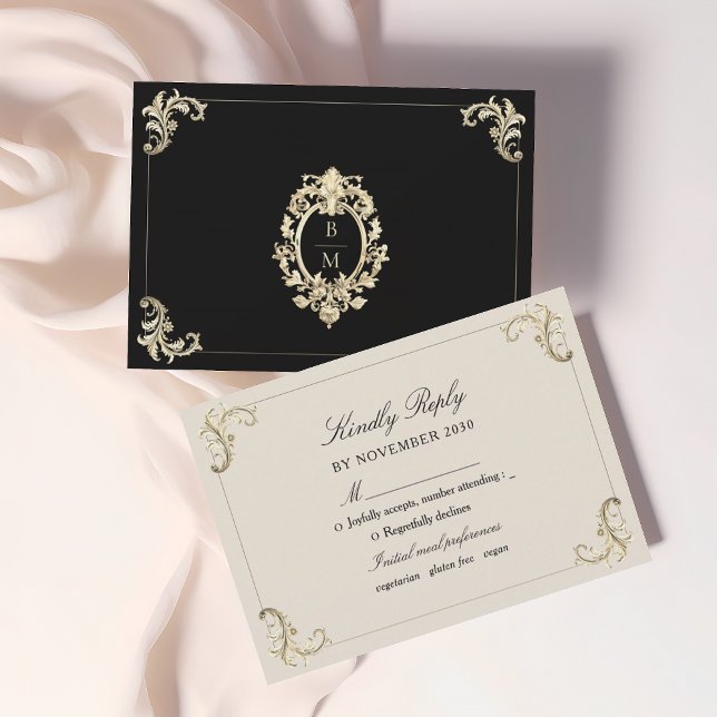 Cartons Réponse Mariage Baroque Noir et Or (Créateur téléchargé)