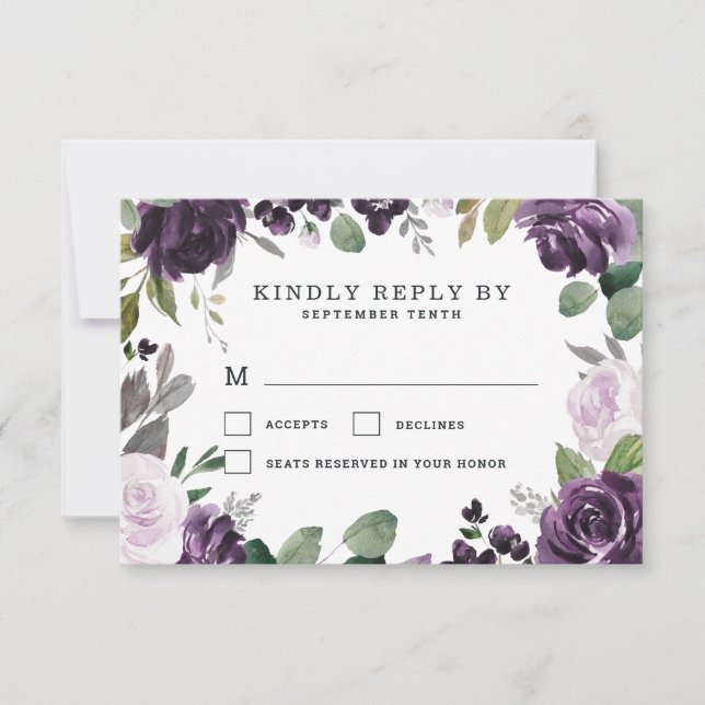 Cartons Réponse Mariage blanc floral élégant violet et argenté (Devant)