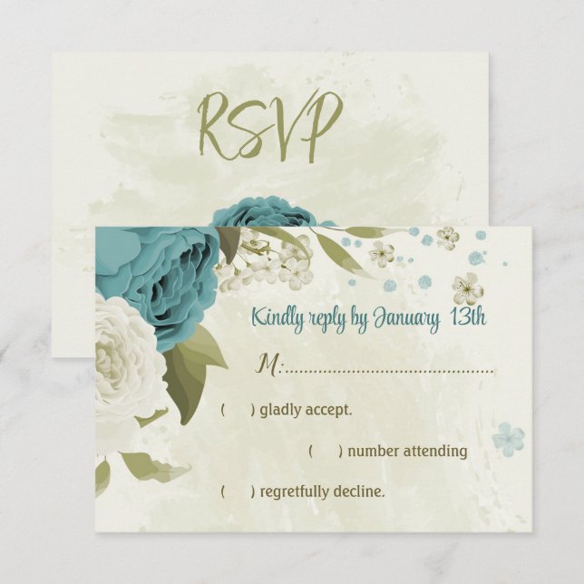Cartons Réponse mariage bleu blanc fleurs verdure (Devant / Derrière)