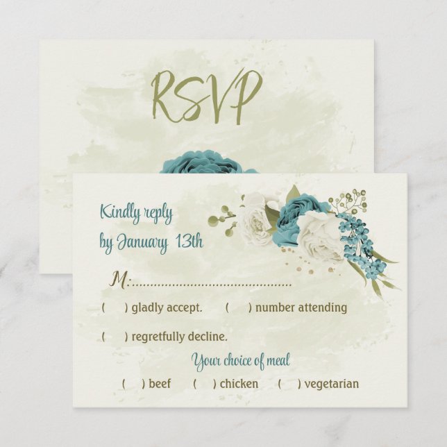 Cartons Réponse mariage bleu blanc fleurs verdure (Devant / Derrière)