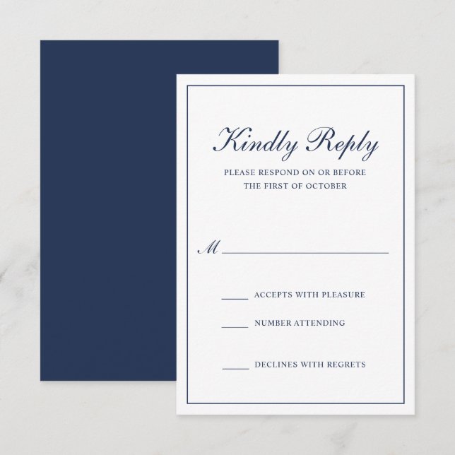 Cartons Réponse Mariage bleu de marine classique élégant (Devant / Derrière)