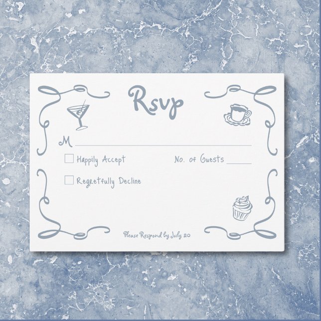 Cartons Réponse Mariage bleu Dusty dessiné main rétro Whimsical (Whimsical Retro Hand Drawn Dusty Blue Wedding RSVP Card)