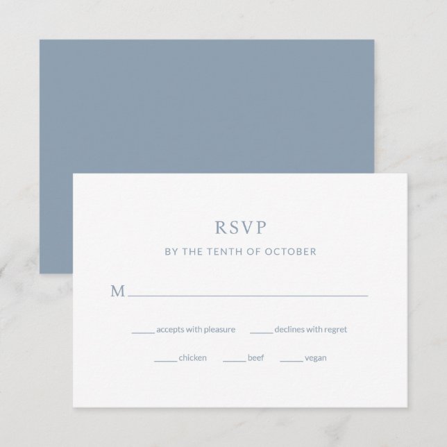 Cartons Réponse Mariage bleu Dusty moderne | Choix de repas (Devant / Derrière)