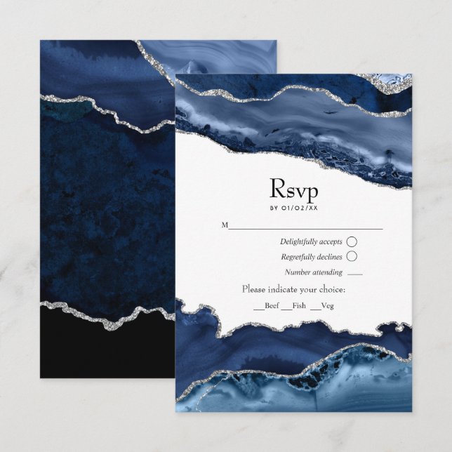 Cartons Réponse Mariage bleu marine et agate argent (Devant / Derrière)
