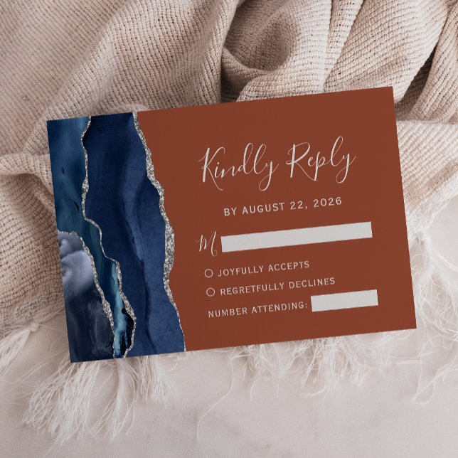 Cartons Réponse Mariage Bleu Nuit Argent Agate Orange Brûlé Modern (Créateur téléchargé)