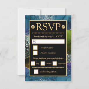 Cartons Réponse Mariage Blue Vert Or Paillettes Agate