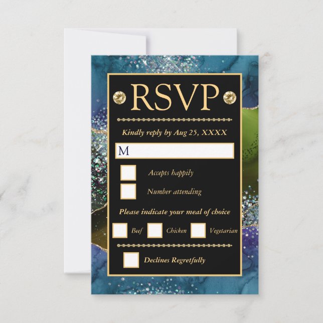 Cartons Réponse Mariage Blue Vert Or Paillettes Agate (Devant)