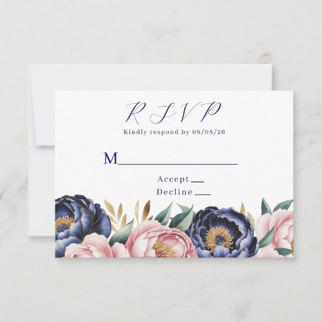 Cartons Réponse Mariage Blush et Navy Blue Peony (Devant)