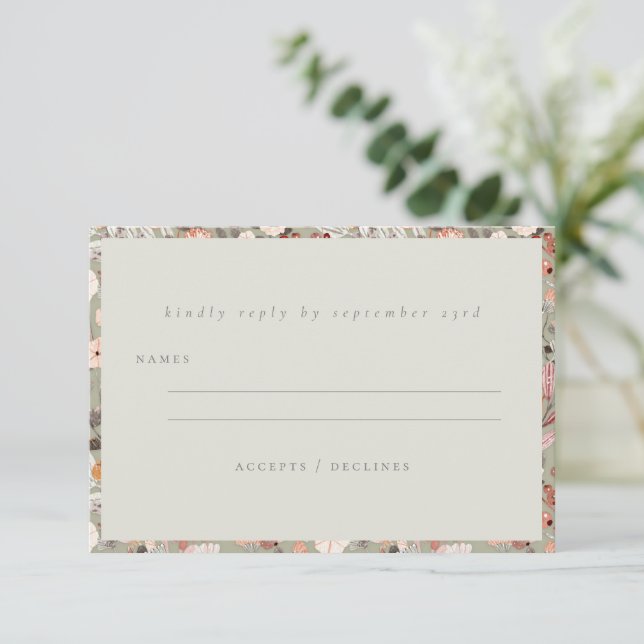 Cartons Réponse Mariage Bohème Minimaliste Floral Neutre Rustique (Debout devant)