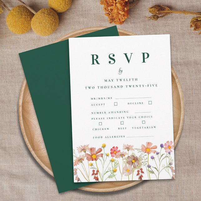 Cartons Réponse Mariage Boho Fall Fleur sauvage Options de repas (Boho wildflower floral green wedding rsvp card watercolor flowers meal choices food allergies )