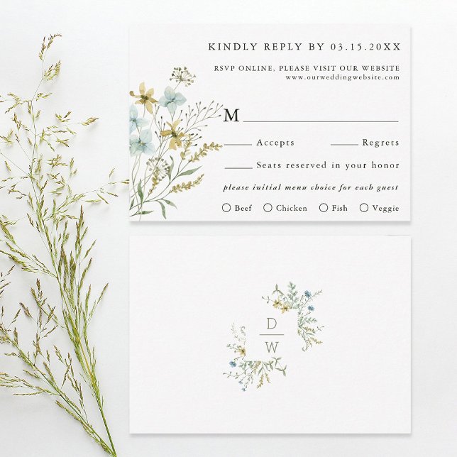 Cartons Réponse Mariage Boho Fleur sauvage moderne délicieuse (Front & Back)