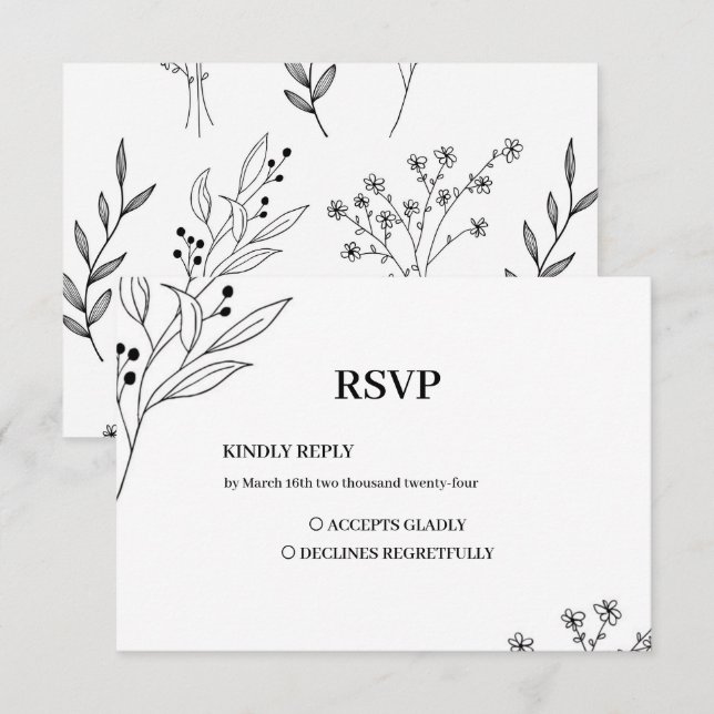 Cartons Réponse Mariage Boho floral noir et blanc (Devant / Derrière)