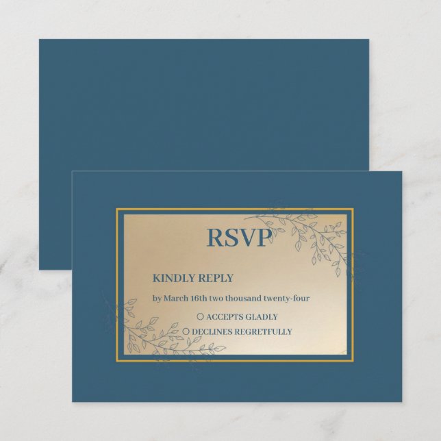 Cartons Réponse Mariage Boho floral rectangle or Marine (Devant / Derrière)