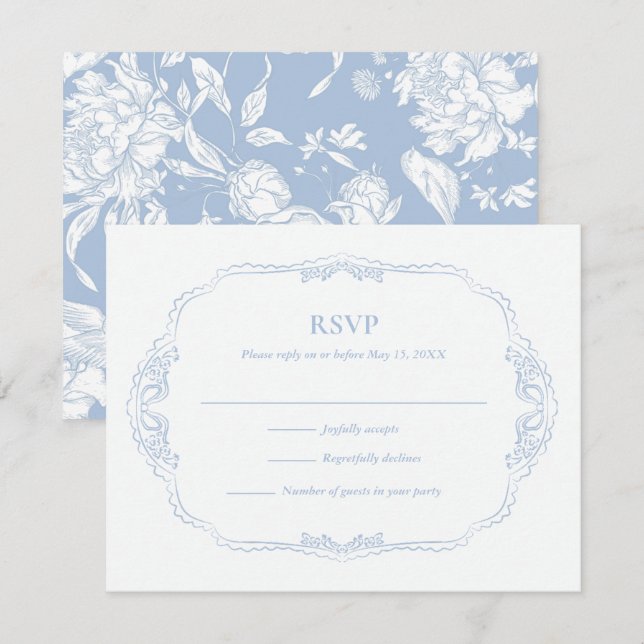 Cartons Réponse Mariage Botanique Bleu Français (Devant / Derrière)