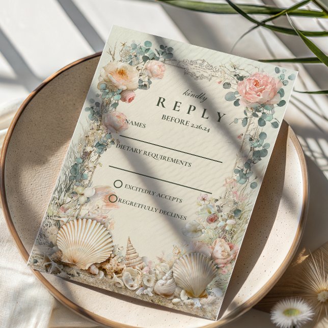 Cartons Réponse Mariage botanique de coquillages côtiers (Créateur téléchargé)