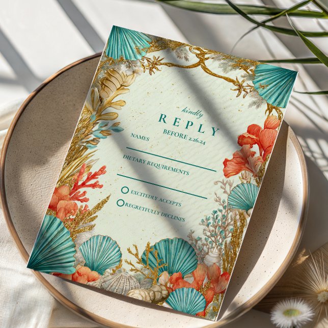 Cartons Réponse Mariage Botanique de Coquillages de Plage (Créateur téléchargé)