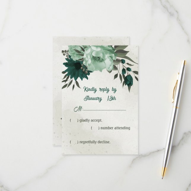 Cartons Réponse mariage botanique des fleurs vert émeraude (Devant/Arrière en situation)