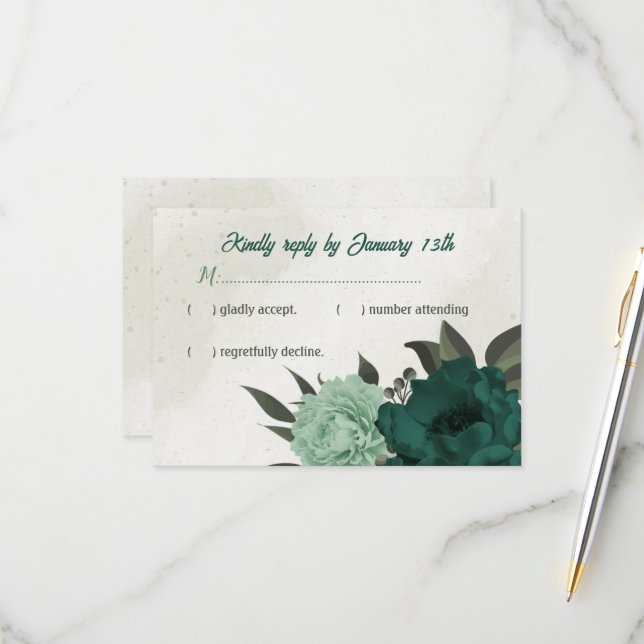 Cartons Réponse mariage botanique des fleurs vert émeraude (Devant/Arrière en situation)