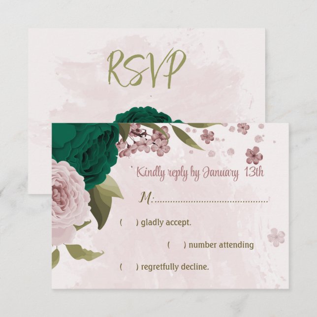 Cartons Réponse mariage botanique des fleurs vert émeraude rose (Devant / Derrière)