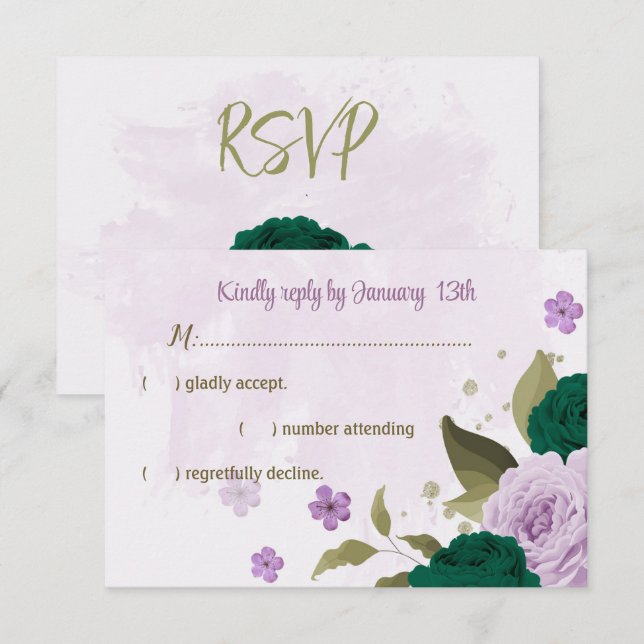 Cartons Réponse mariage botanique des fleurs violettes vert émerau (Devant / Derrière)