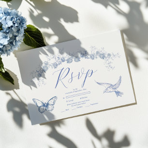 Cartons Réponse Mariage botanique floral chinoiserie bleue