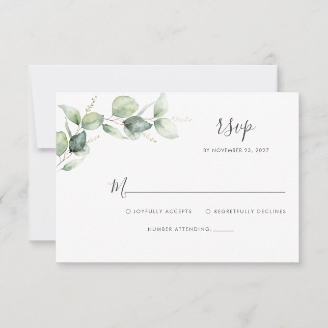 Cartons Réponse Mariage Botanique Floral Eucalyptus Script (Devant)