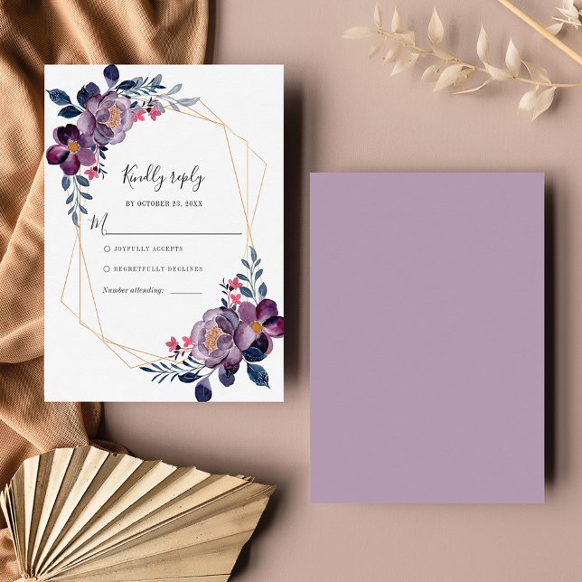 Cartons Réponse Mariage botanique géométrique floral violet (Purple Floral Navy Blue Flowers Wedding RSVP Card)