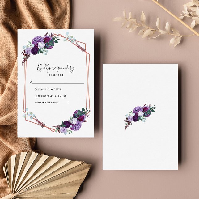 Cartons Réponse Mariage botanique géométrique floral violet (Purple Floral Geometric Wedding RSVP Enclosure Card)