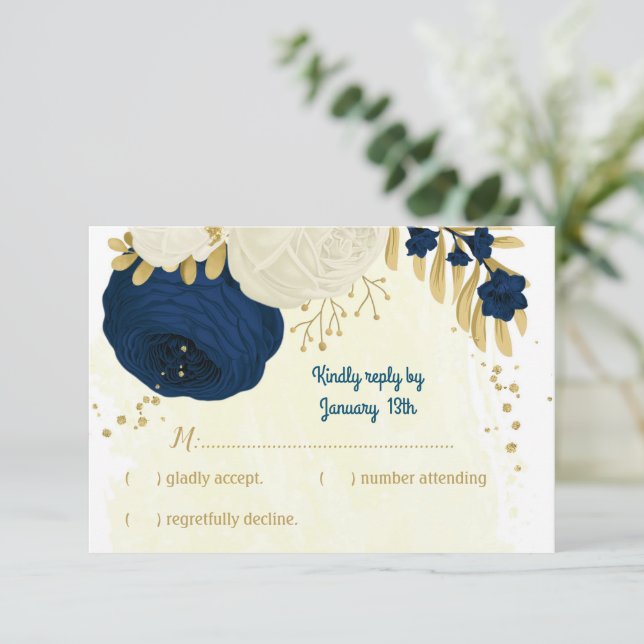 Cartons Réponse mariage botanique navy et fleurs blanches or (Debout devant)