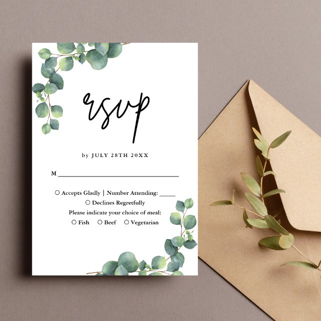 Cartons Réponse Mariage Botanique Rustique au Feuillage d'Eucalypt (Botanical eucalyptus RSVP card simplifies replies while adding rustic elegance and charm.)