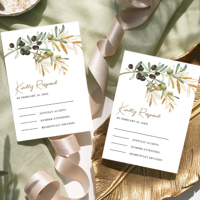 Cartons Réponse Mariage Branche de feuilles d'olive dorées rustiqu (Créateur téléchargé)