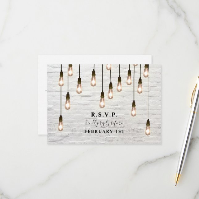 Cartons Réponse Mariage Brique Blanche Lumières Vintage (Devant/Arrière en situation)
