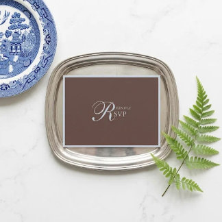 Cartons Réponse Mariage Brun Moka Bleu Poussiéreux Script