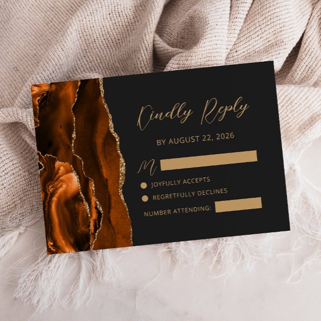 Cartons Réponse Mariage Calligraphié en Or Agate Orange Brûlé (Créateur téléchargé)