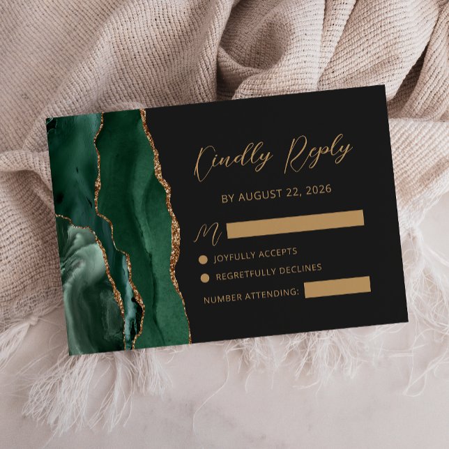 Cartons Réponse Mariage Calligraphié en Or avec Agate Émeraude (Créateur téléchargé)